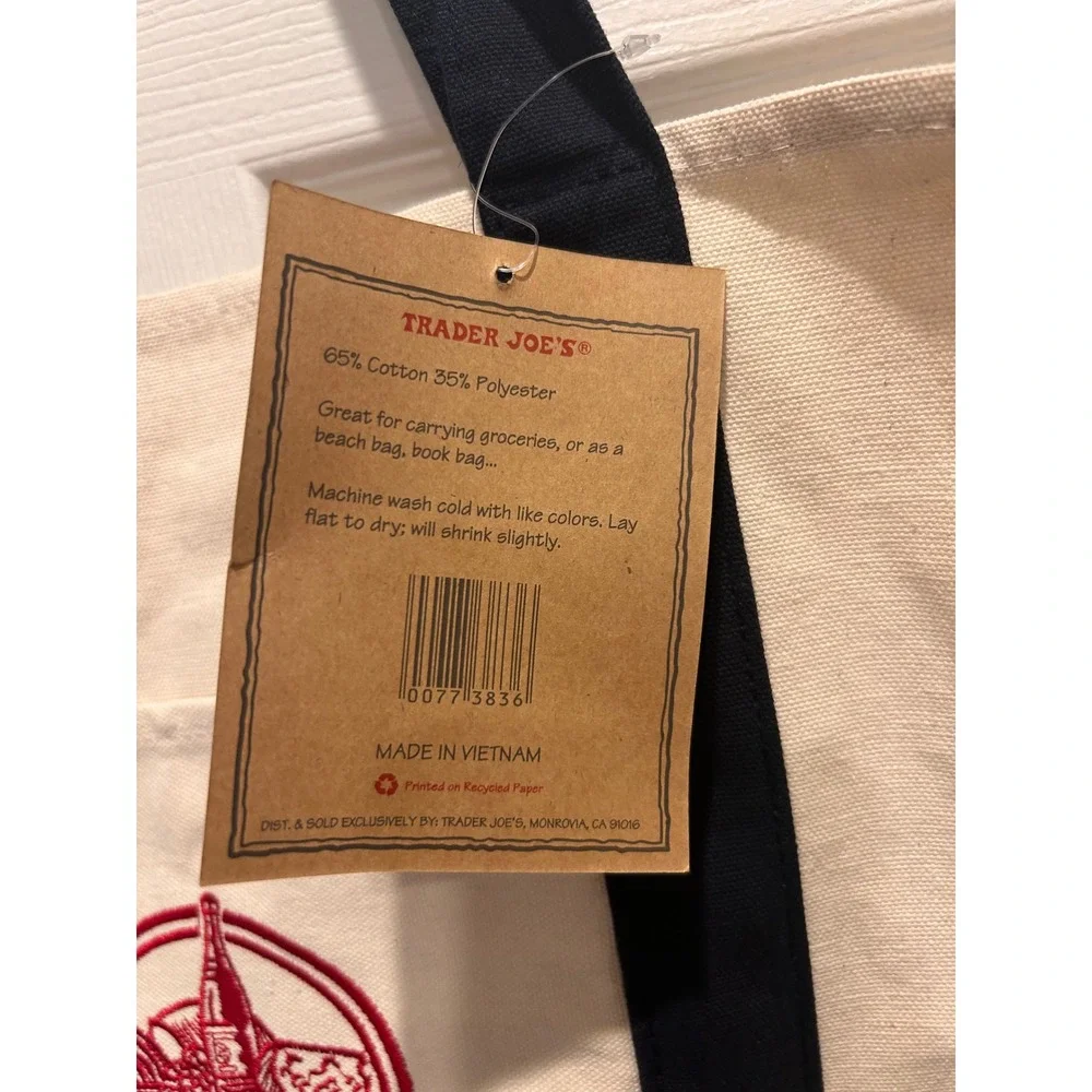 Trader Joe's Reusable Canvas Tote Bag Cream Navy Blue Embroidered Logo NWT